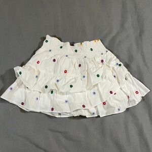 Indie Collection White Ruffle Mini‎ Skirt Medium Smocked Waist Floral Embroidery